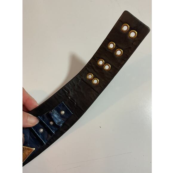 80s Nina Arjani Medium Leatherock Belt Black Blue Gold Leather - Picture 3 of 7